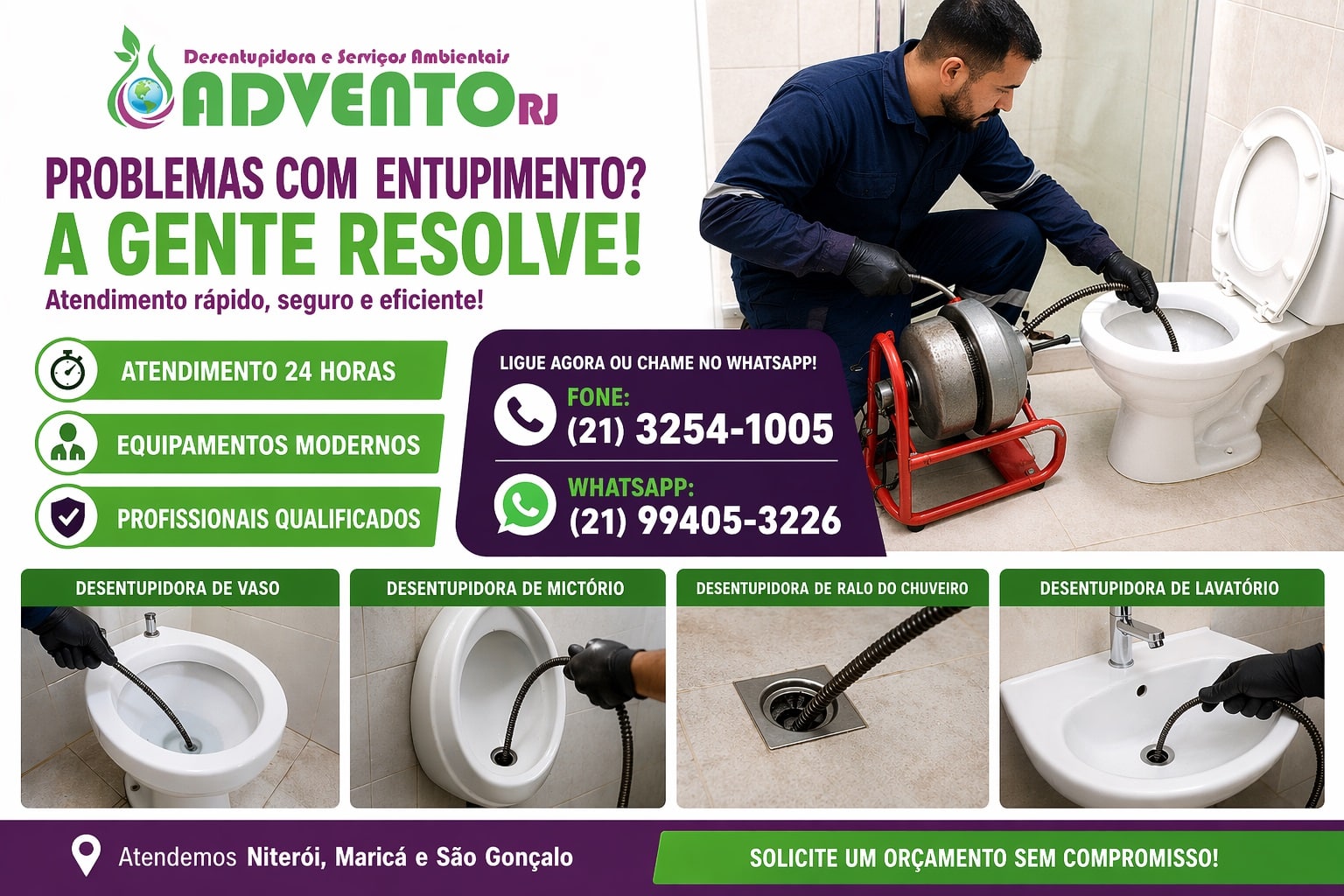 Desentupir vaso sanitário em Niterói com rapidez e segurança. Chame a Desentupidora Advento RJ e solicite atendimento sem compromisso!