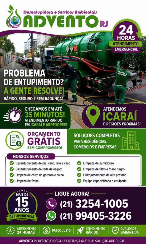 Empresa desentupidora 24 horas em Icaraí - Niterói com orçamento grátis e atendimento rápido. Soluções completas e profissionais.